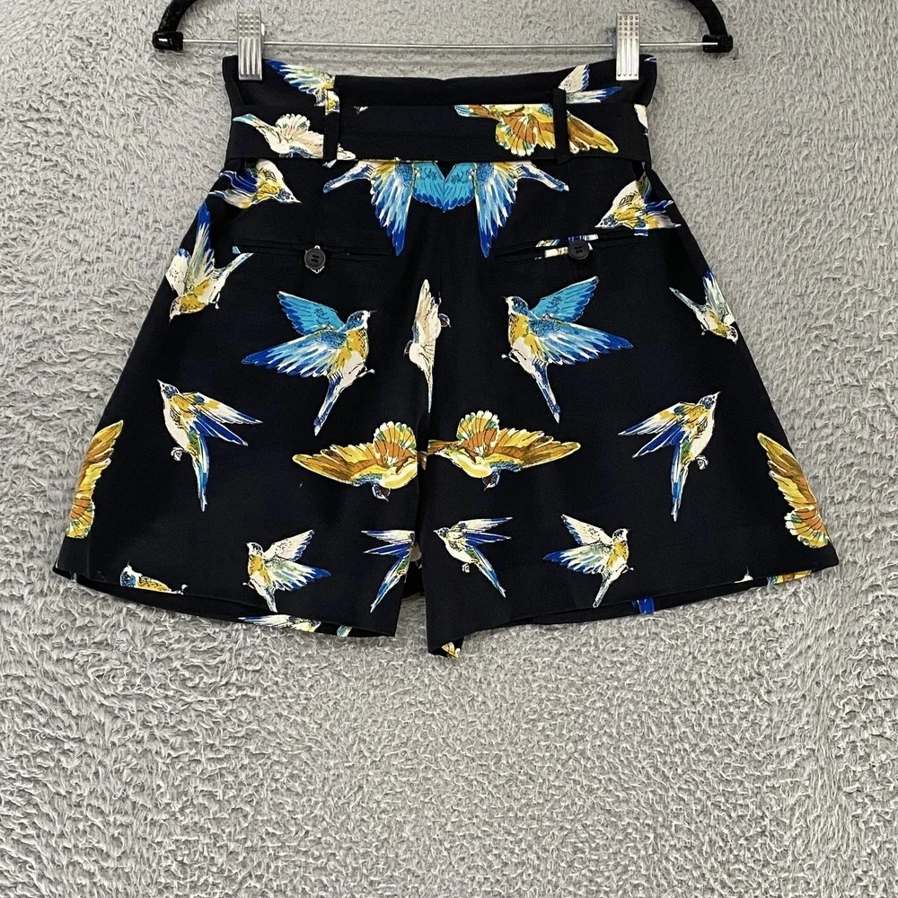 Zara‎ Shorts Womens XS Black High Waist Tie Belt Pleated Bird Side Zip